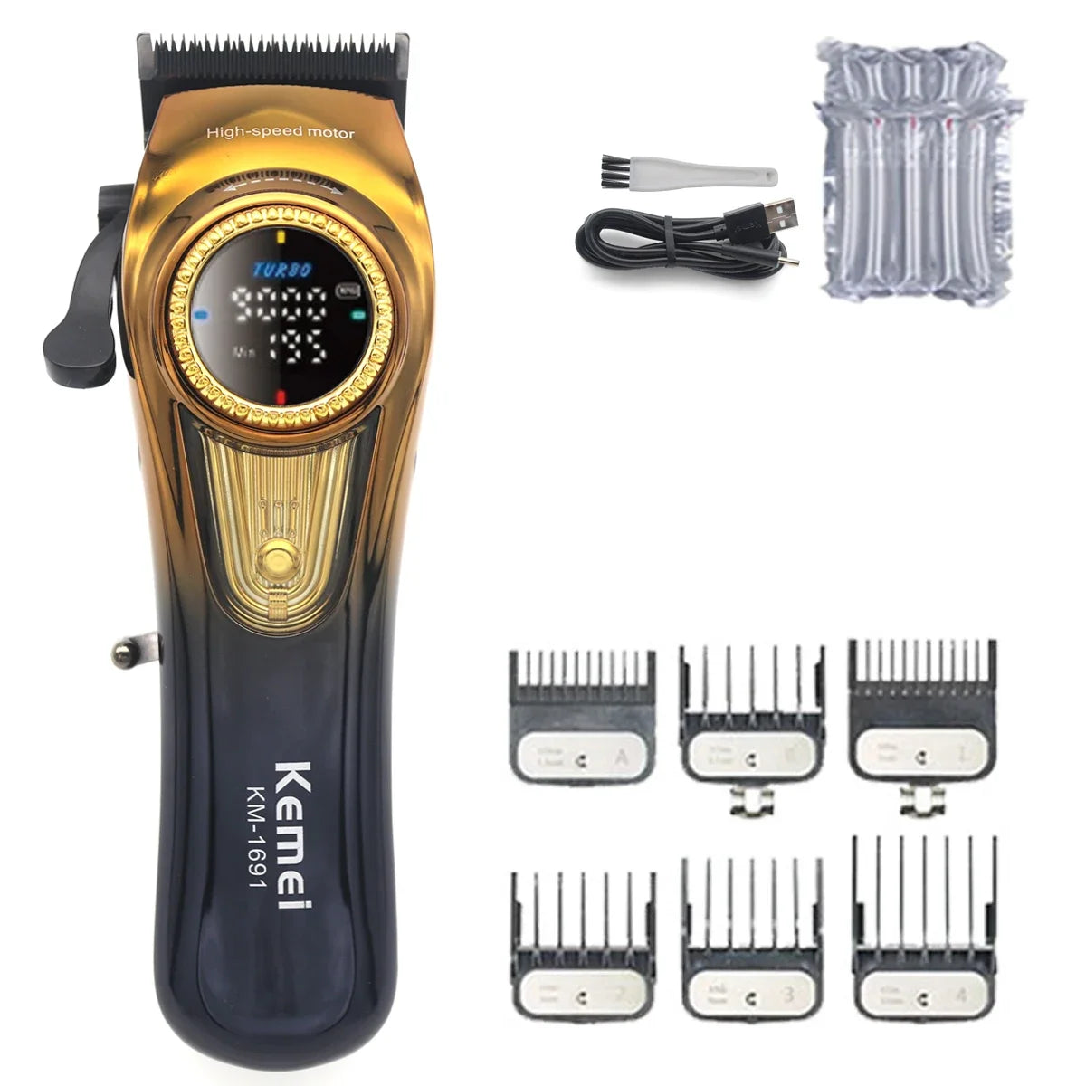 A black Kemi KM-1691 hair clipper and dual-speed kit with various attachments shown.