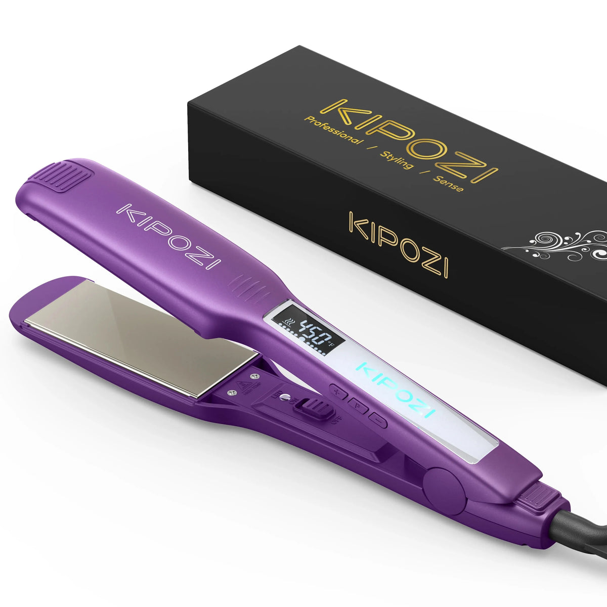 A purple KIPOZI professional titanium flat iron hair straightener is shown next to its black box.