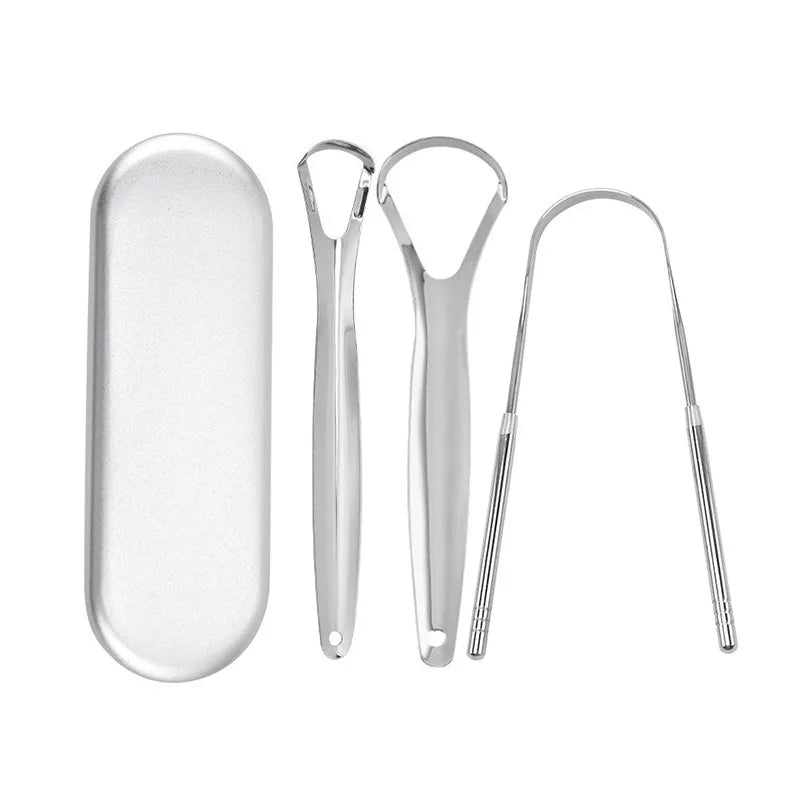 A set of reusable stainless steel tongue scrapers for oral hygiene