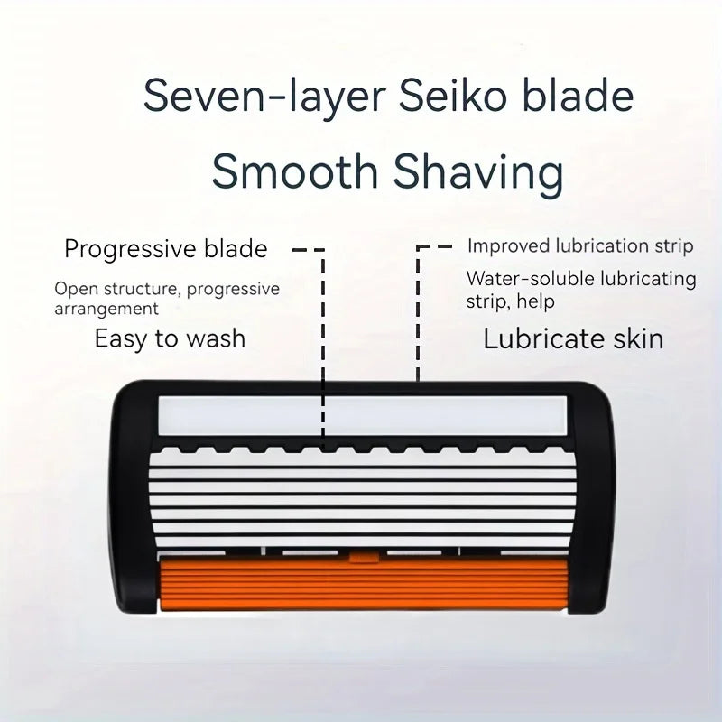 Gros plan d'un dispositif de rasage avec lame Seiko noir et orange à sept couches, montrant plusieurs lames.