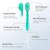 A 5-in-1 portable dental set featuring a soft toothbrush, tongue scraper, mint mouthwash, toothpick, and comfortable handle.