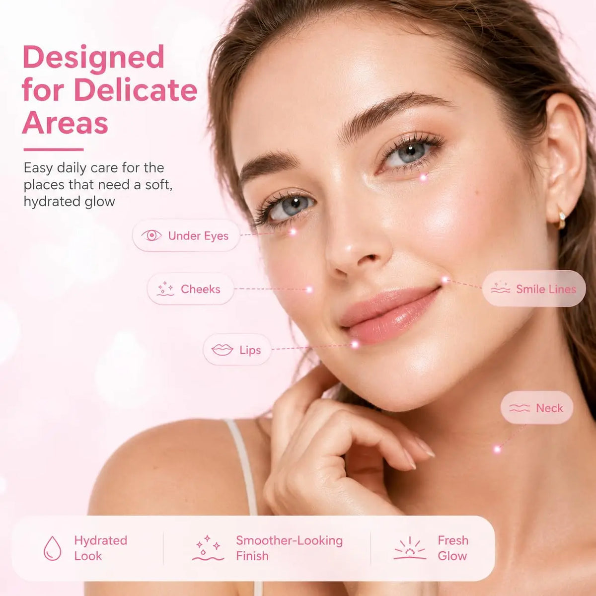 A woman applies a balm to her face, highlighting delicate areas like under eyes, cheeks, lips, and neck for a hydrated look.