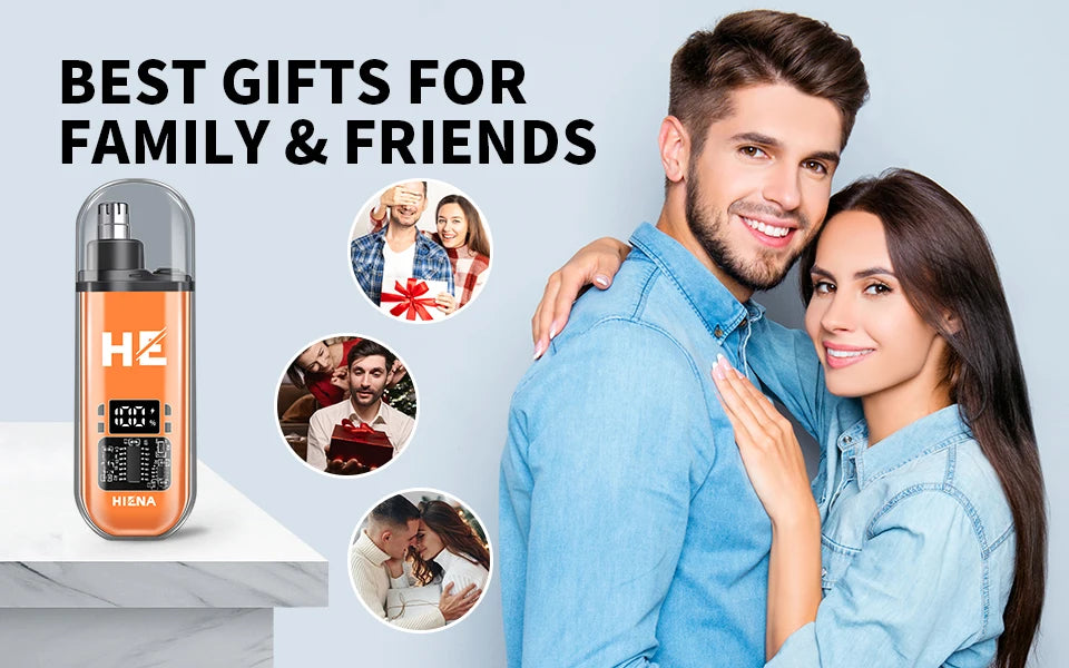A man and a woman smiling while holding a professional cordless electric hair trimmer kit.