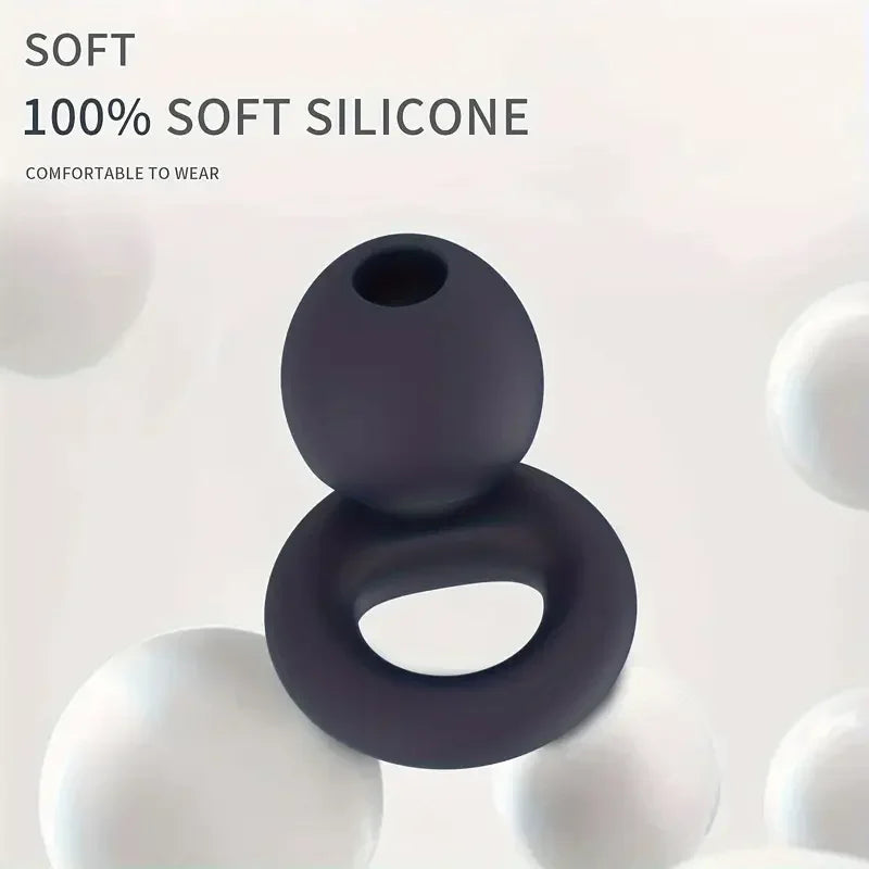 A pair of dark silicone ear plugs shown against a white background.