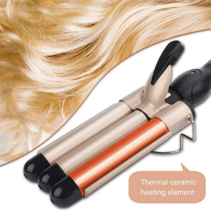 A professional triple barrel ceramic hair curling iron with a gold-toned heating element.