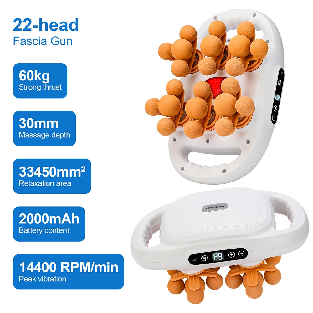 A white 22-head fascia gun massage device with orange massage heads and a battery pack.