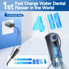 A blue electric water flosser device is shown with a charging cable and a battery indicator showing 85% reduction in charging