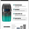 A VGR electric beard trimmer shaver in teal and black with features like precision blades, LED display, longer work time, and
