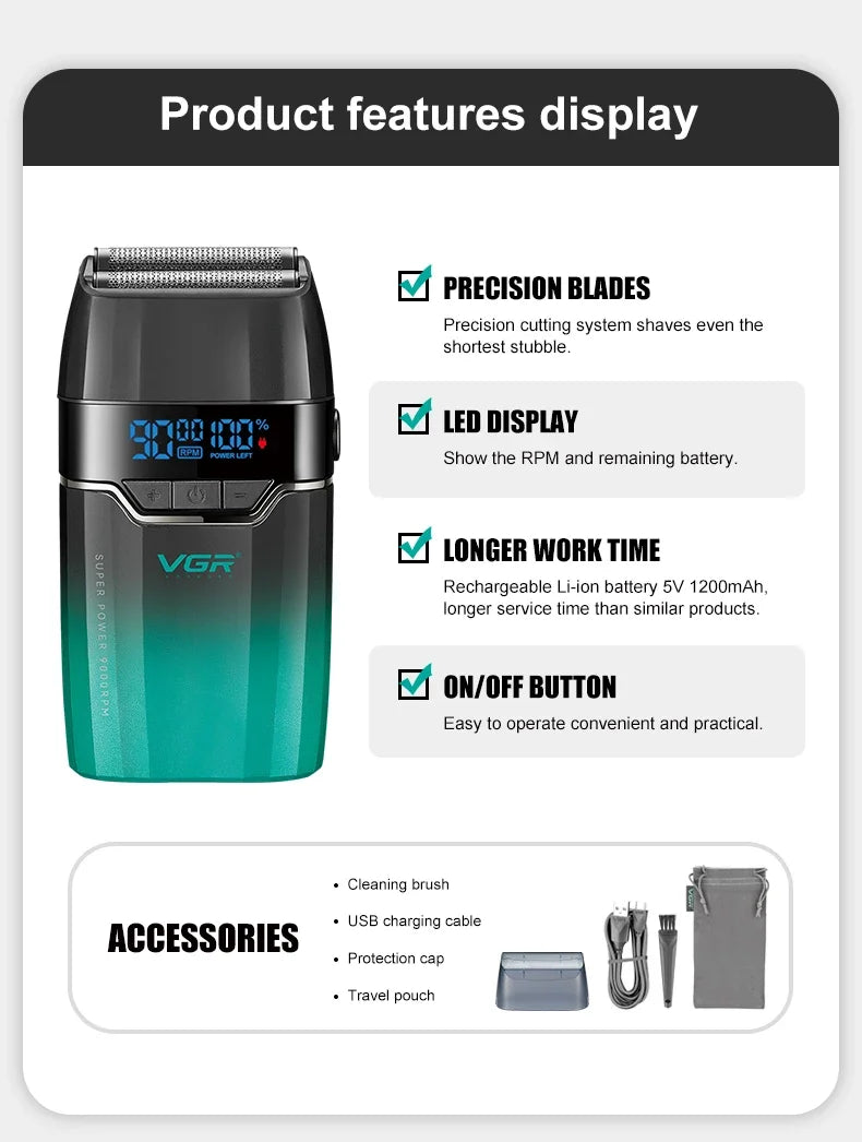 A VGR electric beard trimmer shaver in teal and black with features like precision blades, LED display, longer work time, and