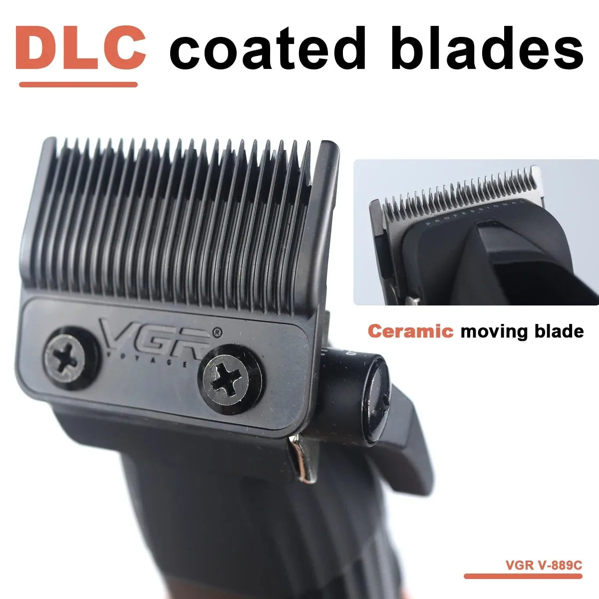 Close-up of a black DLC coated moving blade on a VGR hair trimmer.