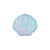 A light blue, iridescent seashell-shaped portable magnifying makeup mirror.