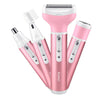 A pink 4-in-1 multi-function body and facial shaver with three attachments shown together.