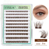 A clear container of self-adhesive brown cluster lashes with varying lengths, showing a close-up of the lashes and a swatch.