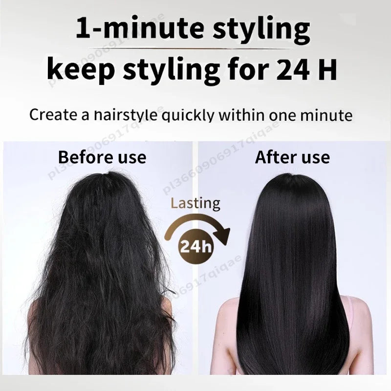 Before and after comparison of hair styling using a 2-in-1 professional hair straightener and dryer