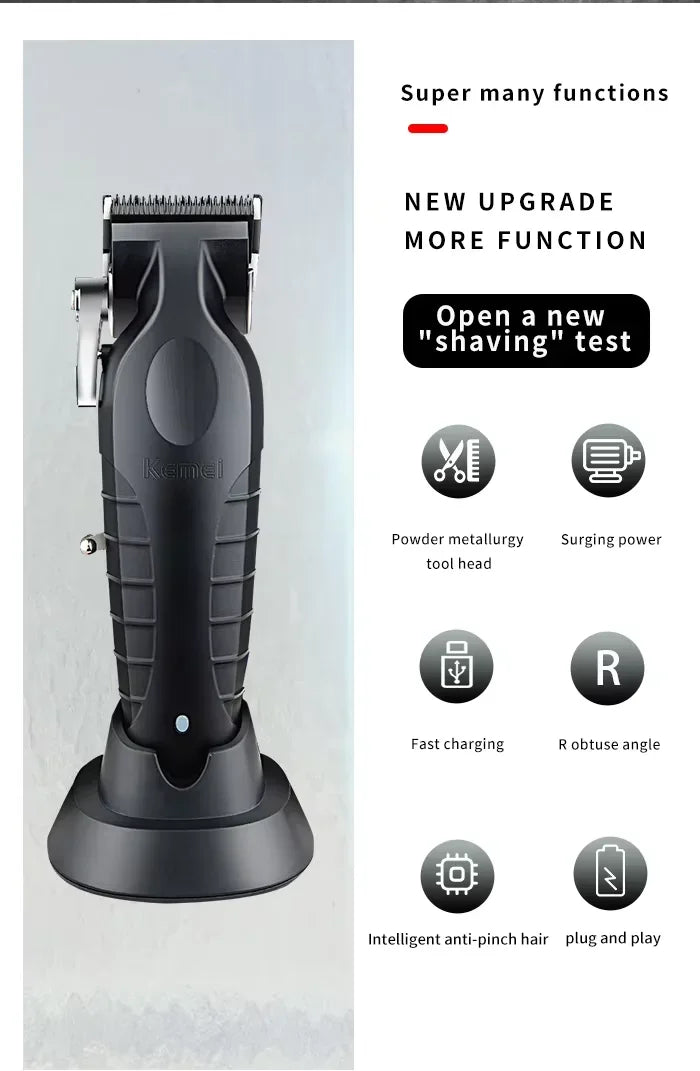 A black professional electric hair clipper grooming kit with various functions and accessories.