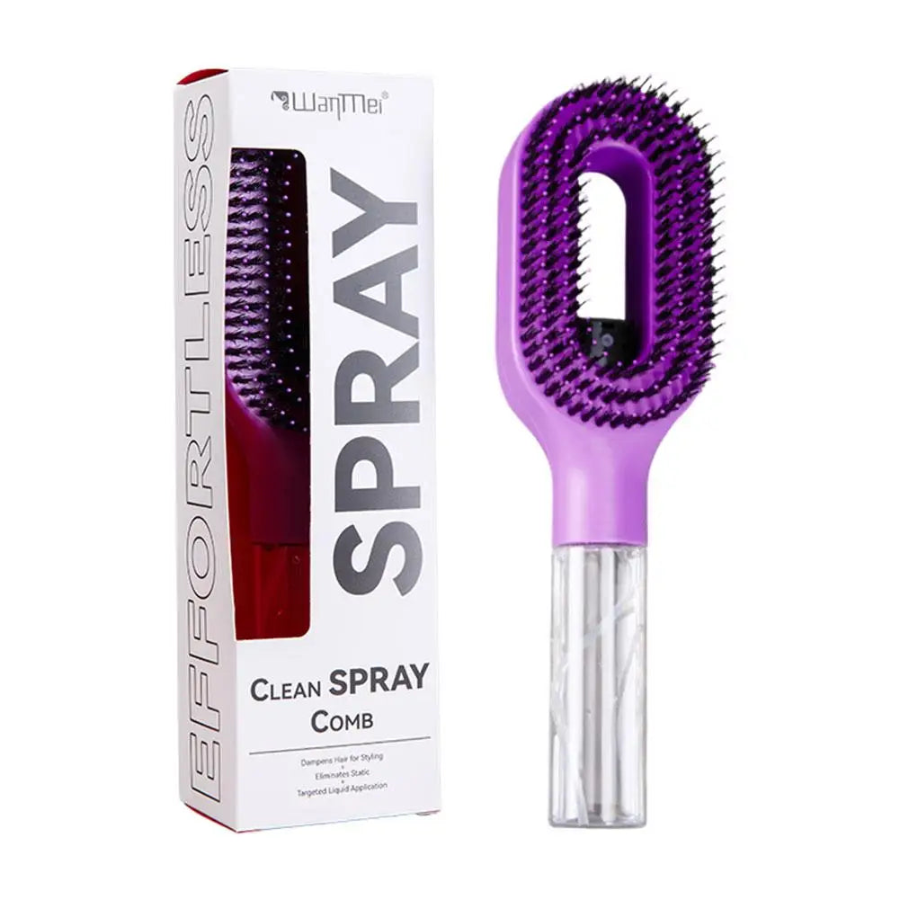 A purple styling comb and a bottle of clear moisturizing spray are shown side by side.