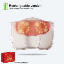 A pink shiatsu massage pillow is shown with a rechargeable version indicator and gift box packaging.