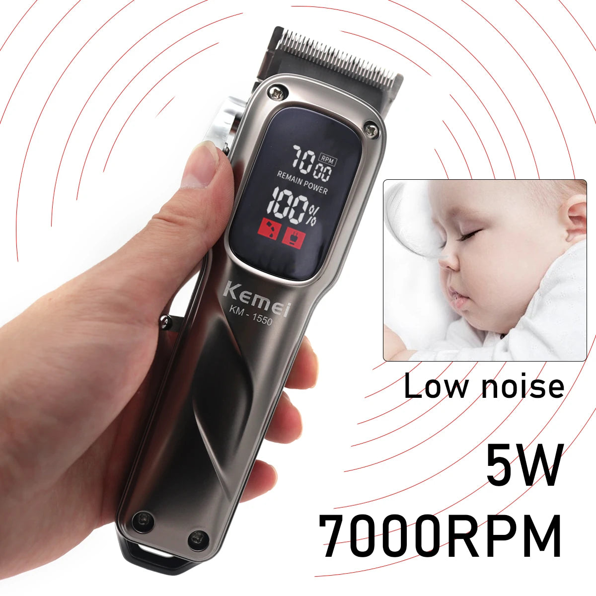 A hand holds a Kemei KM-1550 cordless hair clipper with an LED display, showing specifications like 5W and 7000RPM.