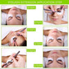 Six steps demonstrating the application of eyelash extension patches on a person's eye area.