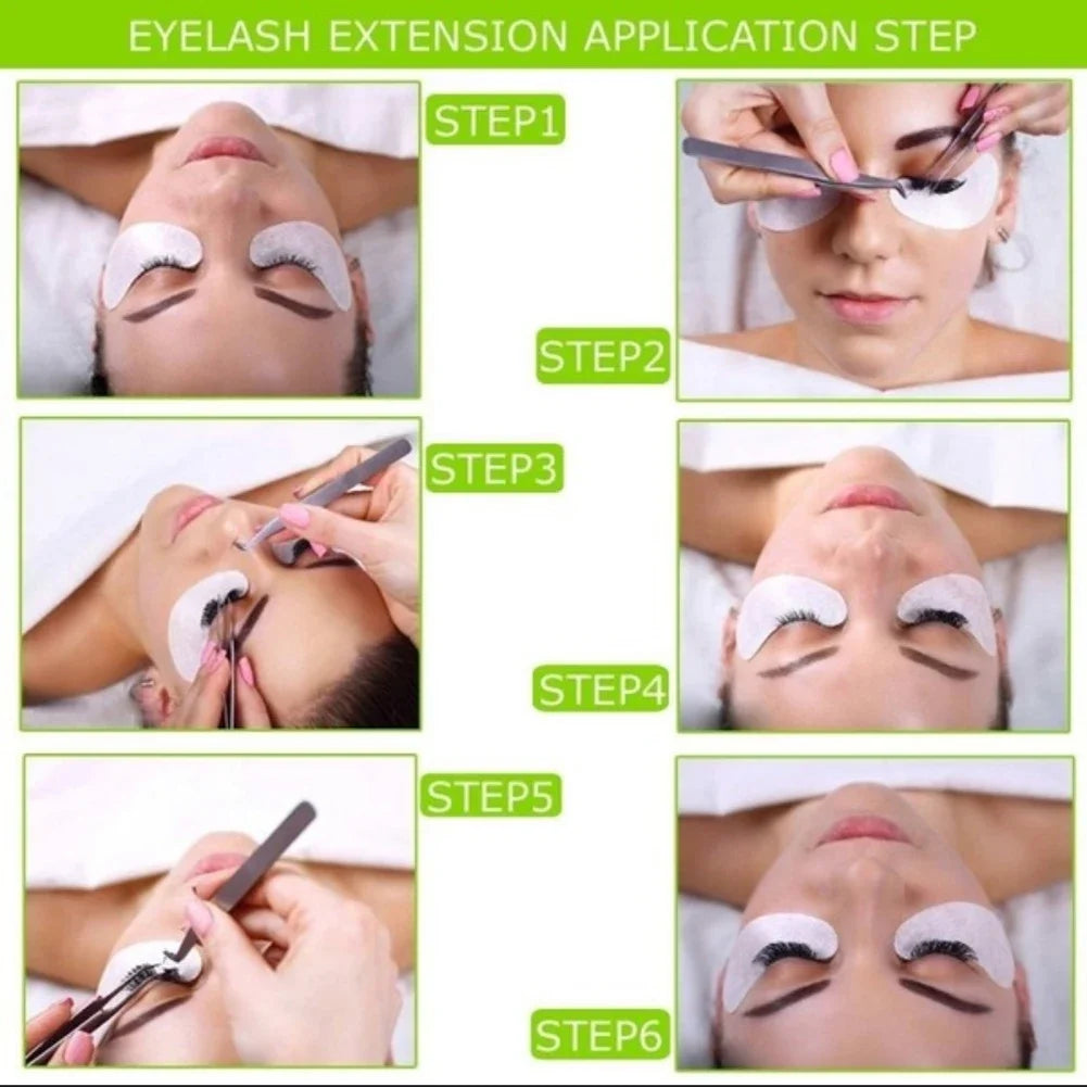 Six steps demonstrating the application of eyelash extension patches on a person's eye area.