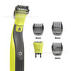 A yellow and gray multi-head body and beard trimmer shaver with various guard attachments shown.