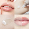 Close-up images showing a white lip balm butter product being applied to lips and skin.