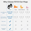 Comparison chart showing features of FEYCH ear plugs including foam, normal silicone, and wax types.