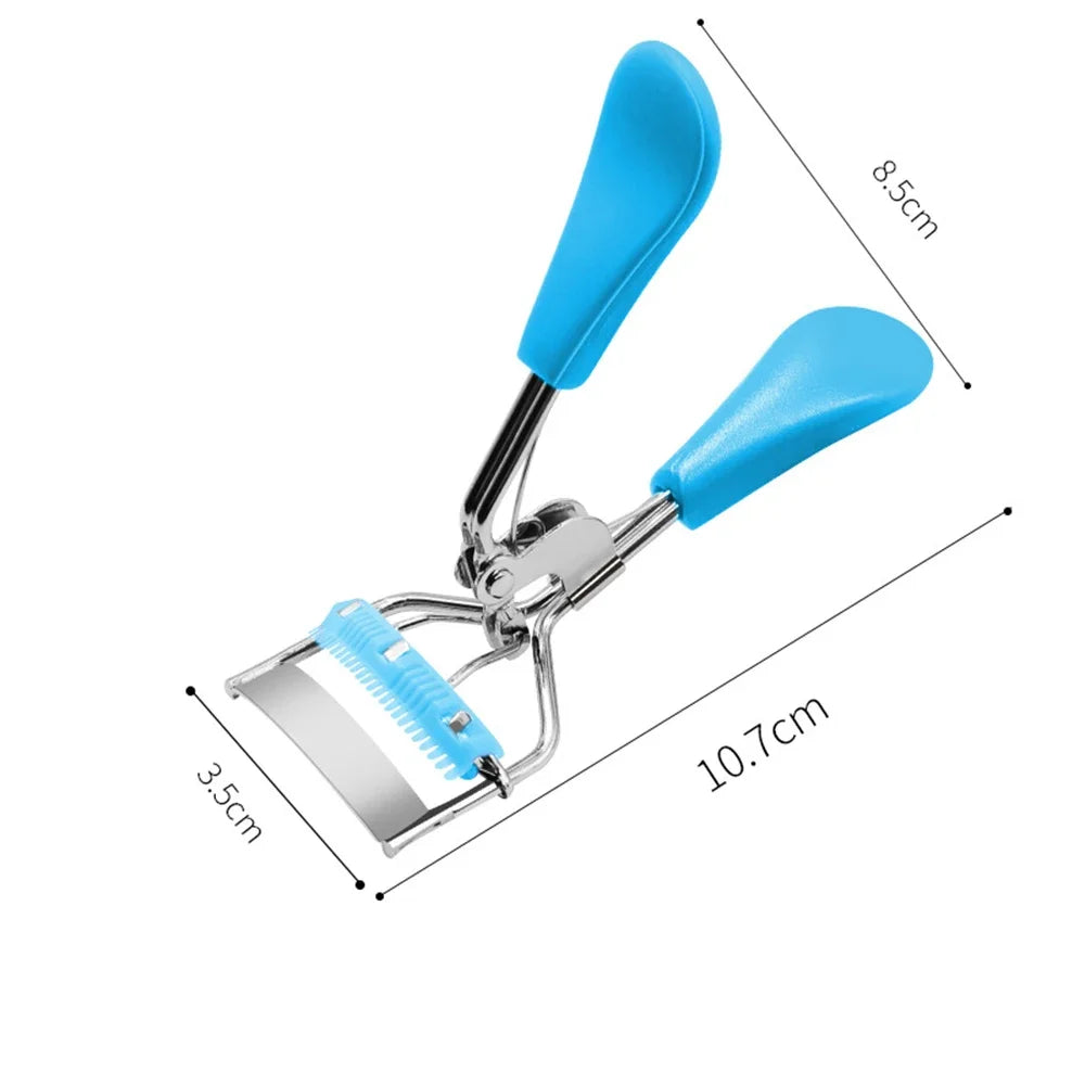 A blue pro makeup eyelash curler tool with a metal clamp and plastic curler arms.