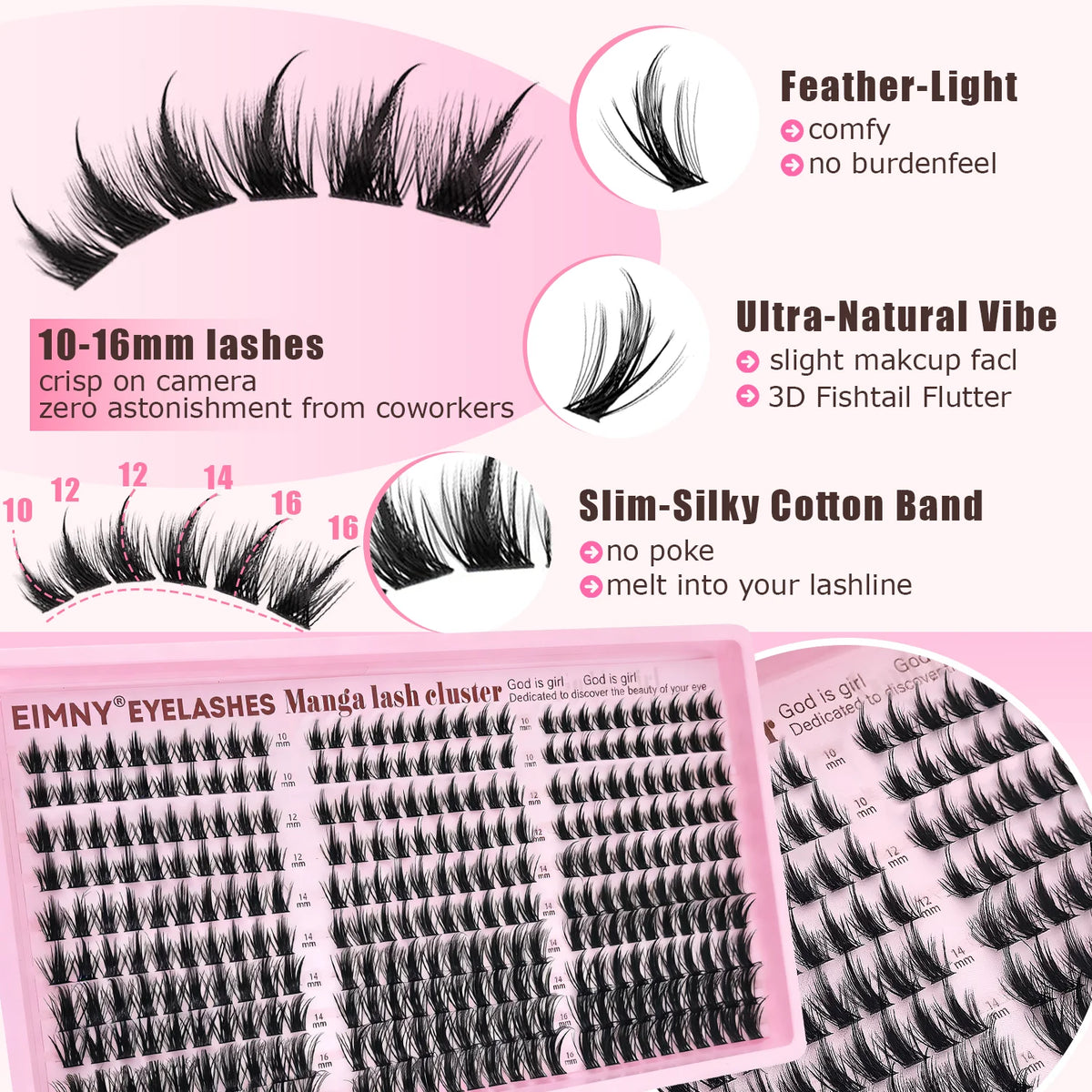 A display of EIMNY Eyelashes Manga lash cluster in various lengths and styles.