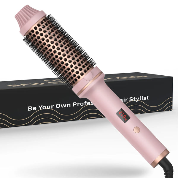 Plancha rizadora cerámica rosa profesional con barril texturizado mostrada en su caja.