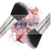 A set of professional makeup brushes featuring various shades of pink and purple powder on a white background.