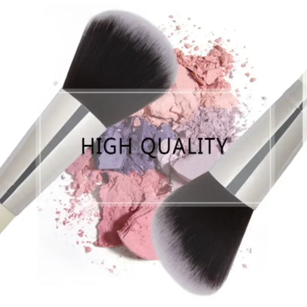 A set of professional makeup brushes featuring various shades of pink and purple powder on a white background.
