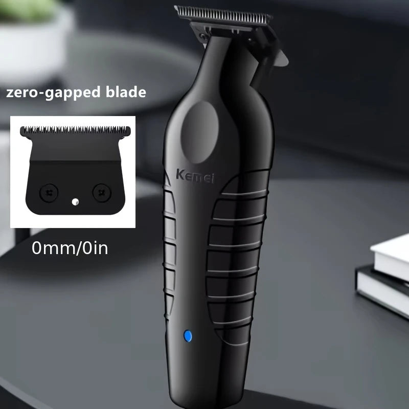 Schwarzer Kemei Zero-Gap-Rasierer für Haare, aufrecht auf dunkler Oberfläche.