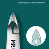 A silver cuticle nipper labeled MR.GREEN is shown next to a diagram illustrating precision on occlusion for trimming nails.
