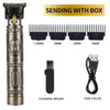 A professional electric hair trimmer set including a body, cleaning brush, and USB cable.