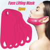 A pink V-line face lifting mask set with five individual masks shown next to a woman applying one on her face.
