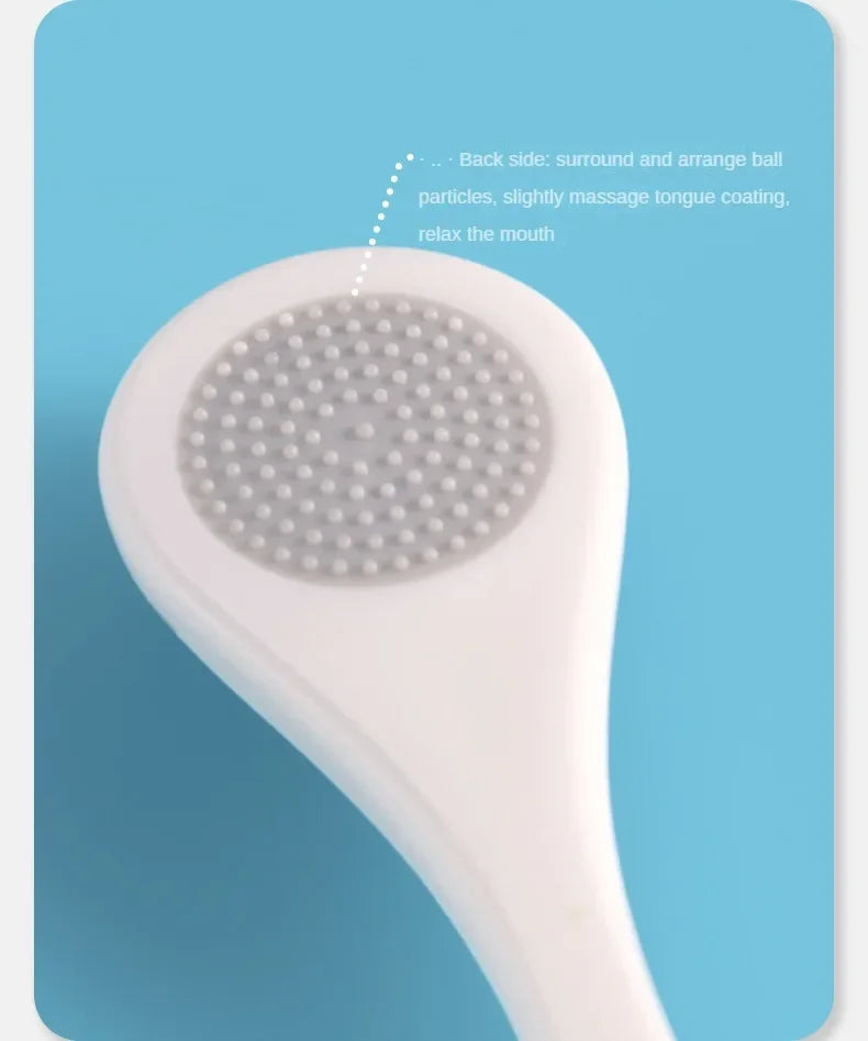 A white reusable tongue cleaner brush with a textured head is shown against a light blue background.