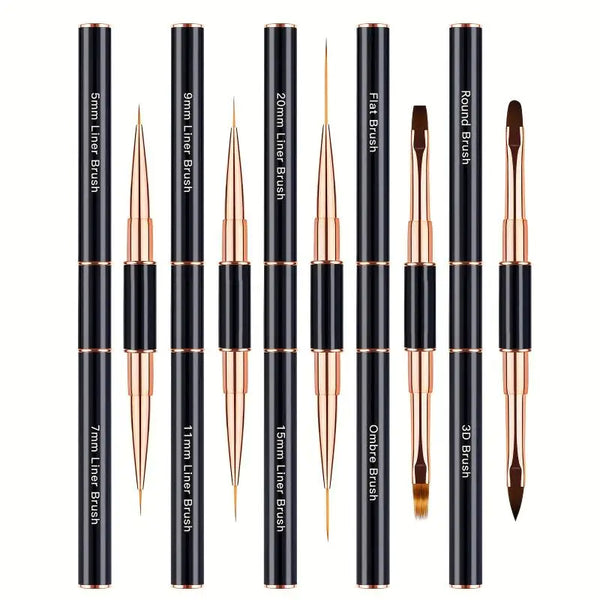 A set of professional double-ended nail art brushes in various sizes and shapes, including liner and round brushes.