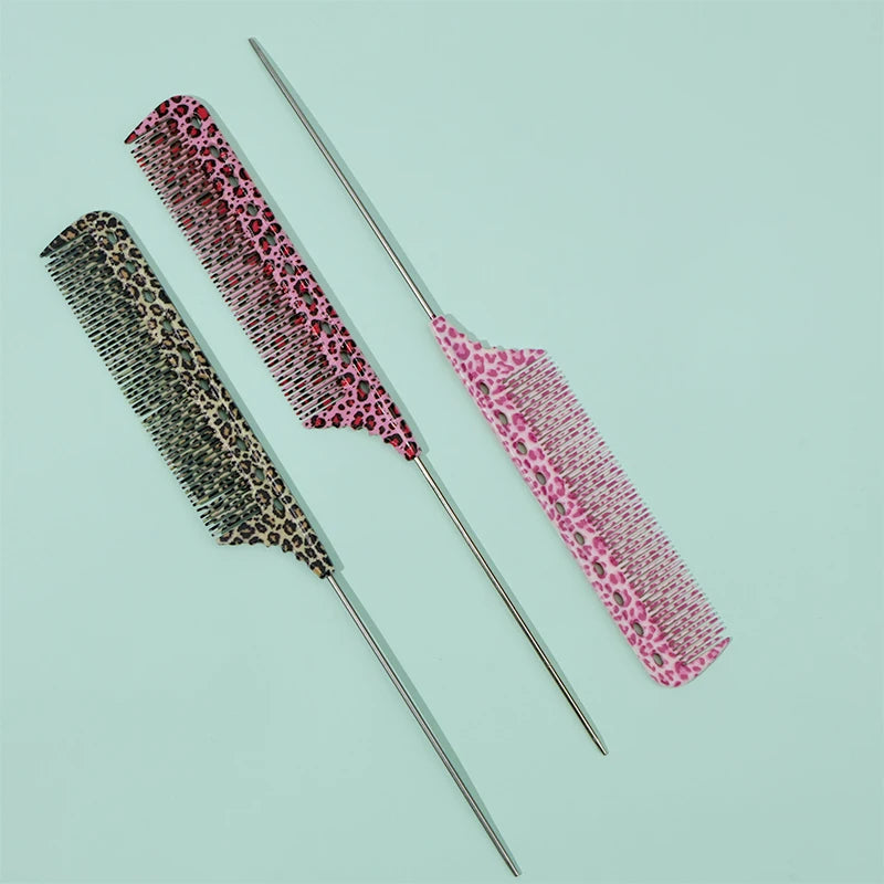 A set of three anti-static rat tail combs featuring leopard print and pink patterns.
