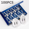 A box of 100 packs of Super Platinum double edge shaving razor blades.