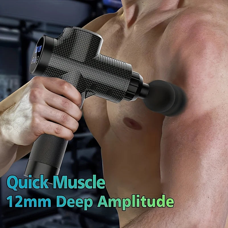 A hand holds a black deep tissue massage gun with a textured head, demonstrating its use on human skin.
