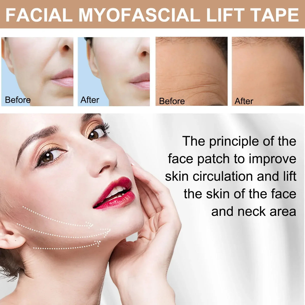 Demonstration of facial myofascial lift tape before and after application on the face and neck area.