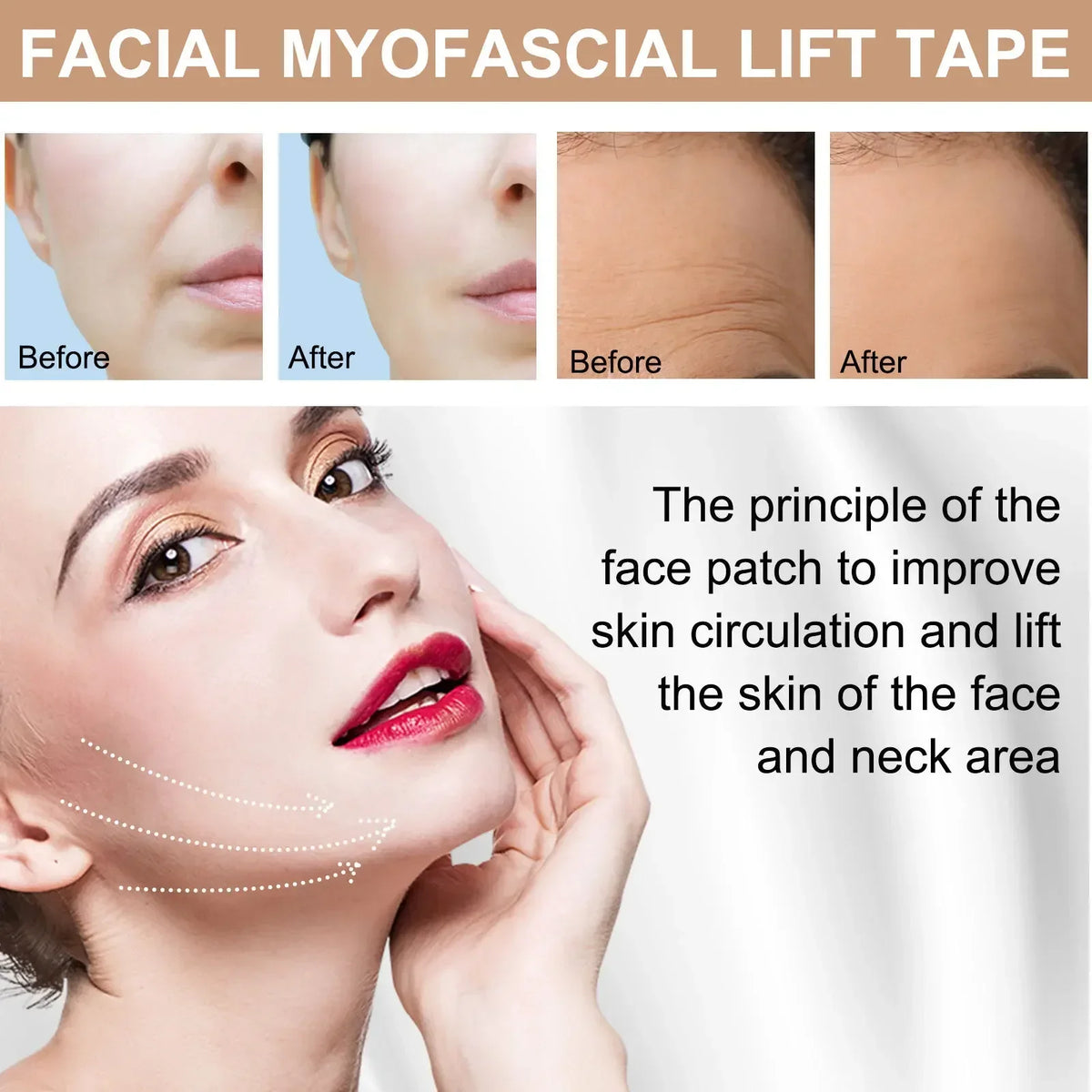 Demonstration of facial myofascial lift tape before and after application on the face and neck area.