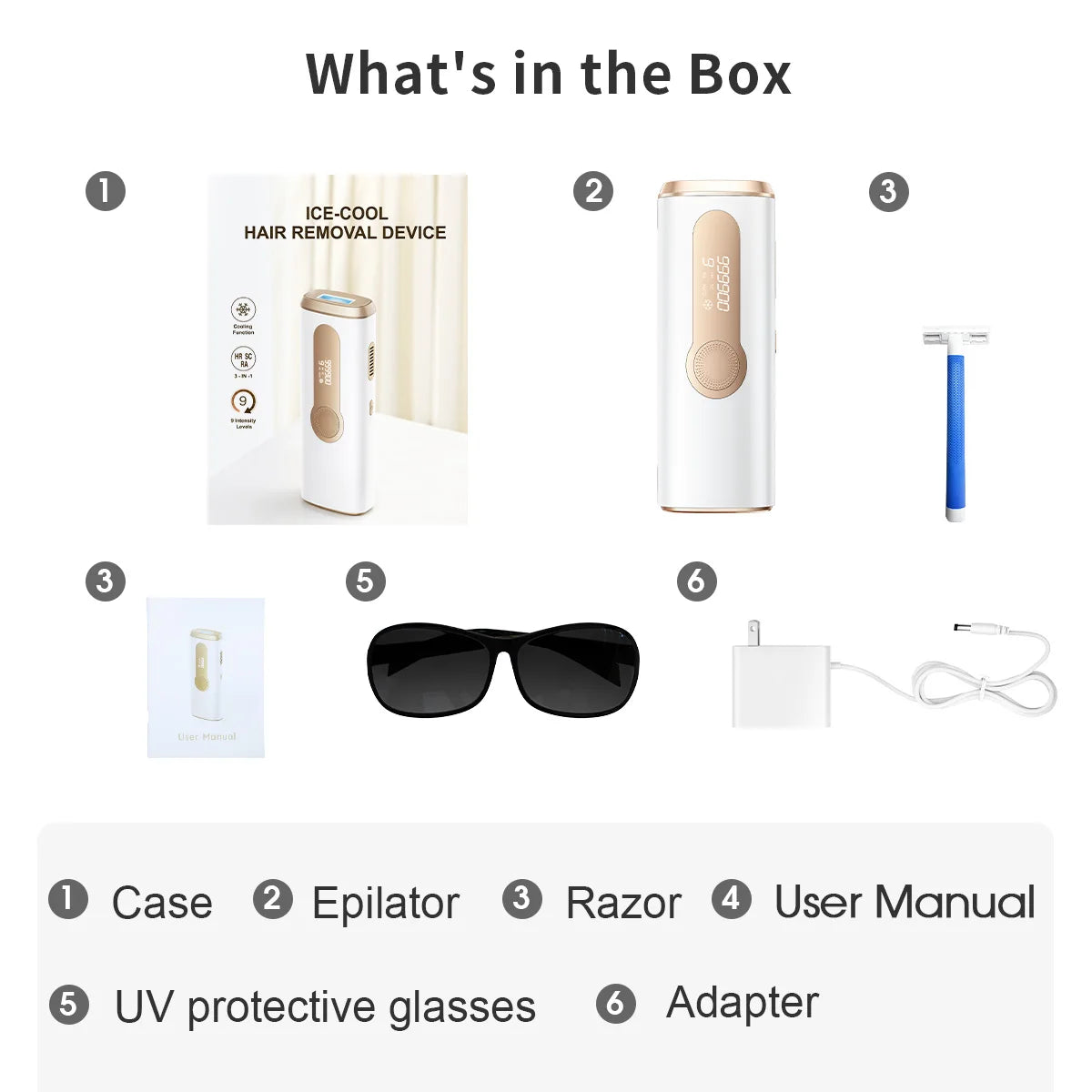 A box layout showing components for an IPL pulsed light hair removal device including a case epilator razor user manual UV pr