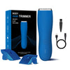 A blue body hair trimmer kit shown with the box, a handheld device, and multiple trimming attachments.