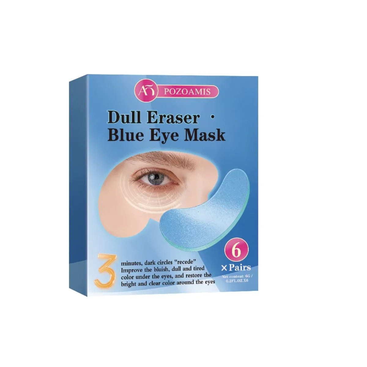 Box of Dull Eraser Blue Eye Mask featuring a close-up of an eye.