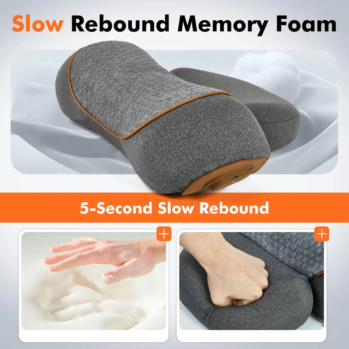 Gray memory foam neck pillow demonstrating a 5-second slow rebound feature.