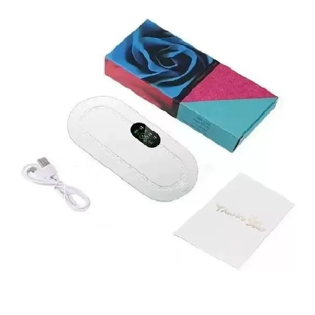 A portable heated massage belt in a colorful box with a white remote control and power cord.