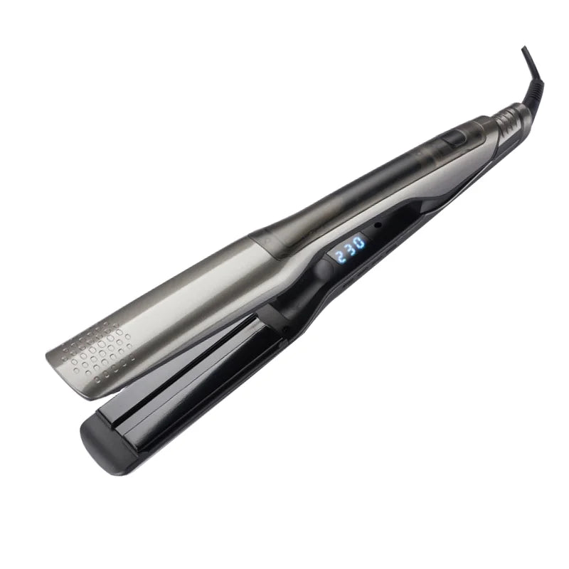 A black and silver professional steam hair straightener device.