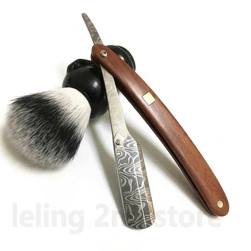 A shaving razor with a wooden handle and a silver blade is shown next to a brush.